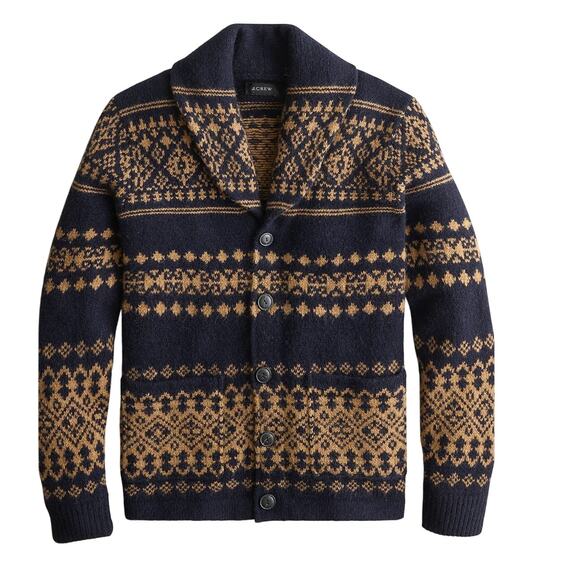 J. Crew Other - J.Crew Wool-Blend Fair Isle Cardigan Sweater Mens L Navy Shawl Collar Dude Style
